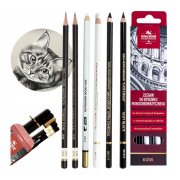 Zestaw do rysunku czarno-białego – ołówki, węgiel, pastel i gumka