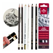 Zestaw do rysunku czarno-białego – ołówki, węgiel, pastel i gumka